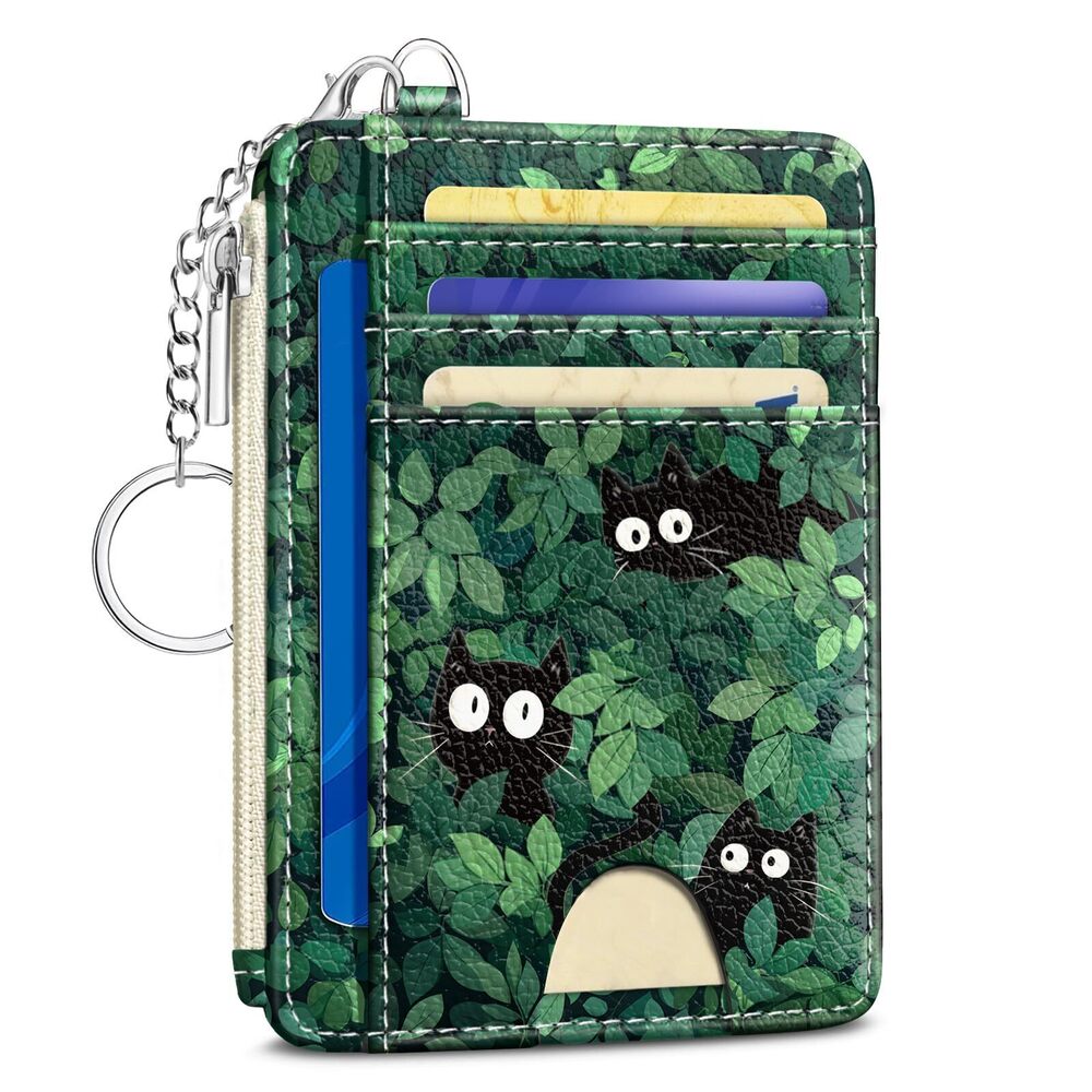 6823 Cute Black Cat Credit Card Holder Small Wallet , Green Grass Slim RFID